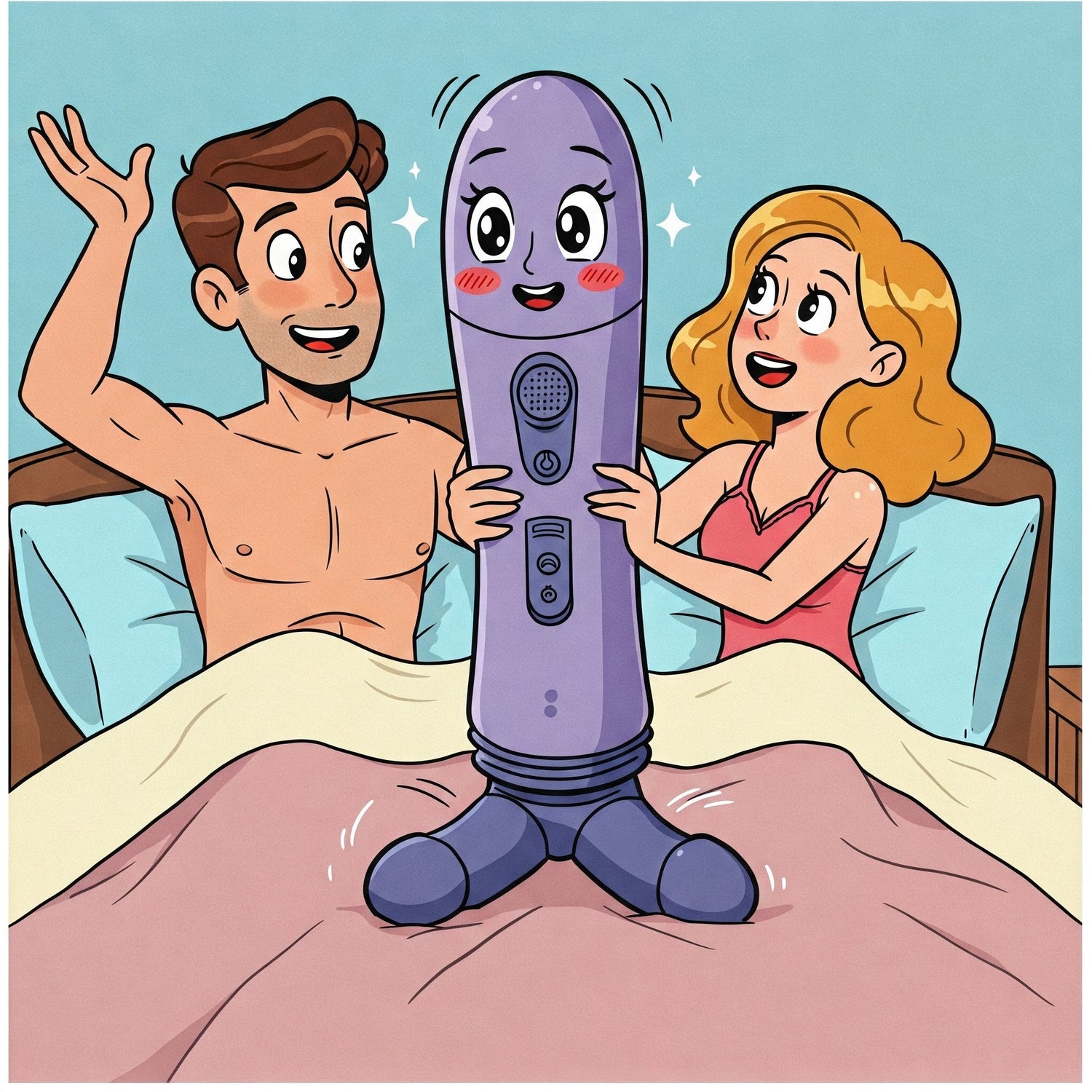 Cartoon image of a man and woman in bed with a giant vibrator
