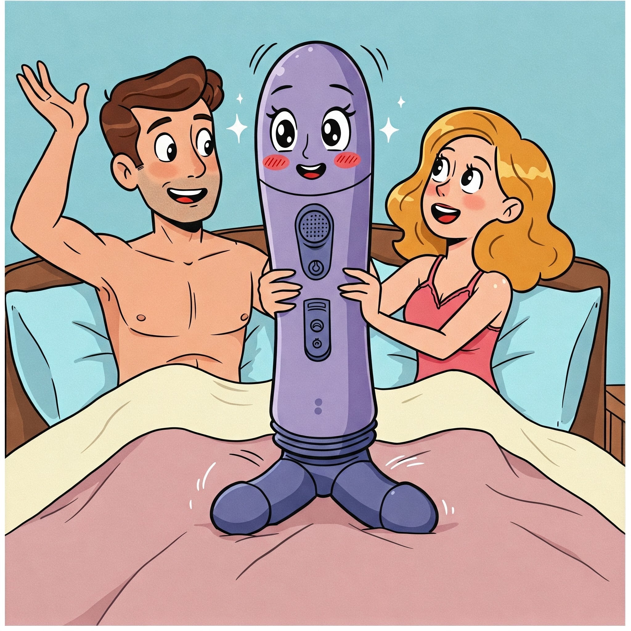 Cartoon image of a man and woman in bed with a giant vibrator