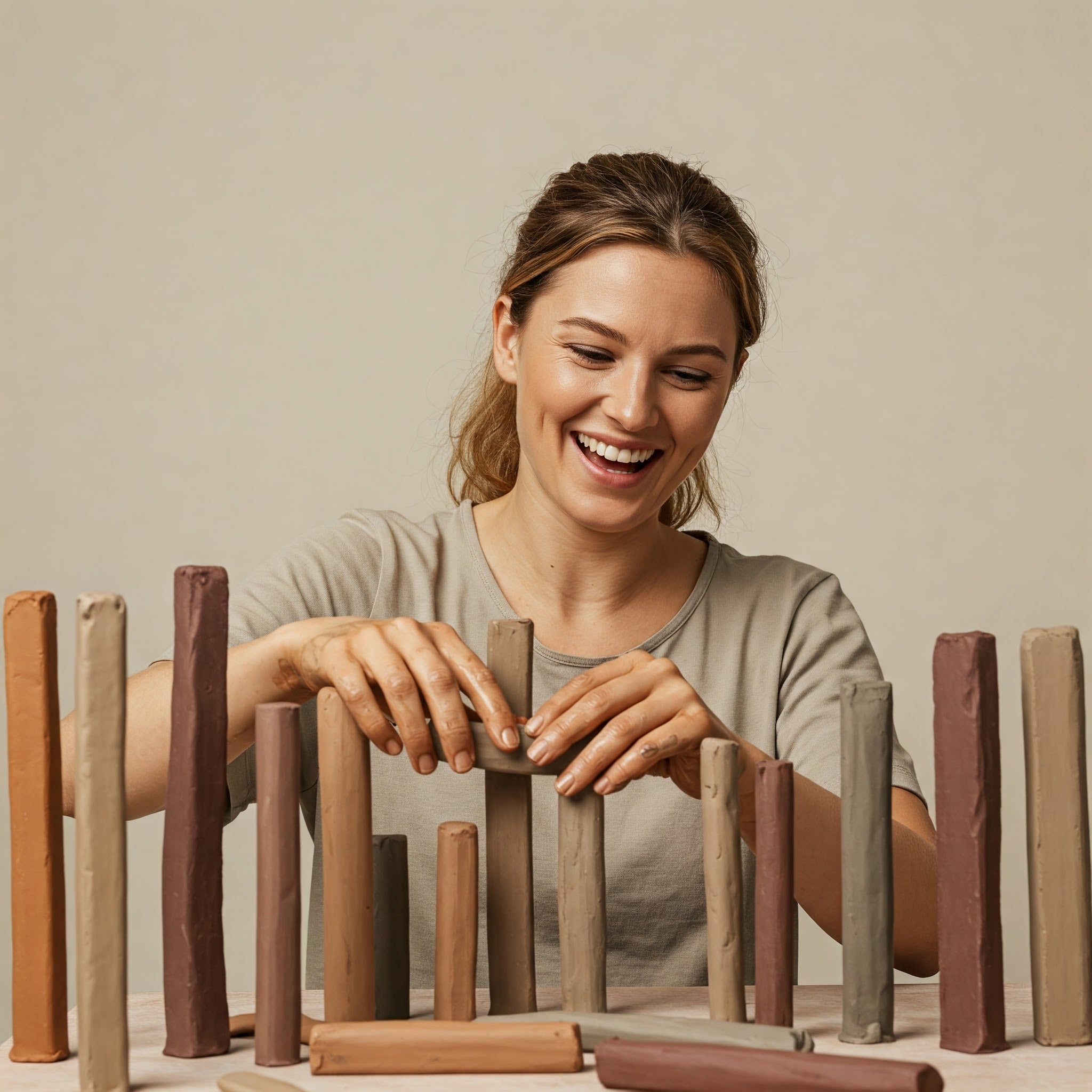 A woman molding clay batons in various lengths and girths