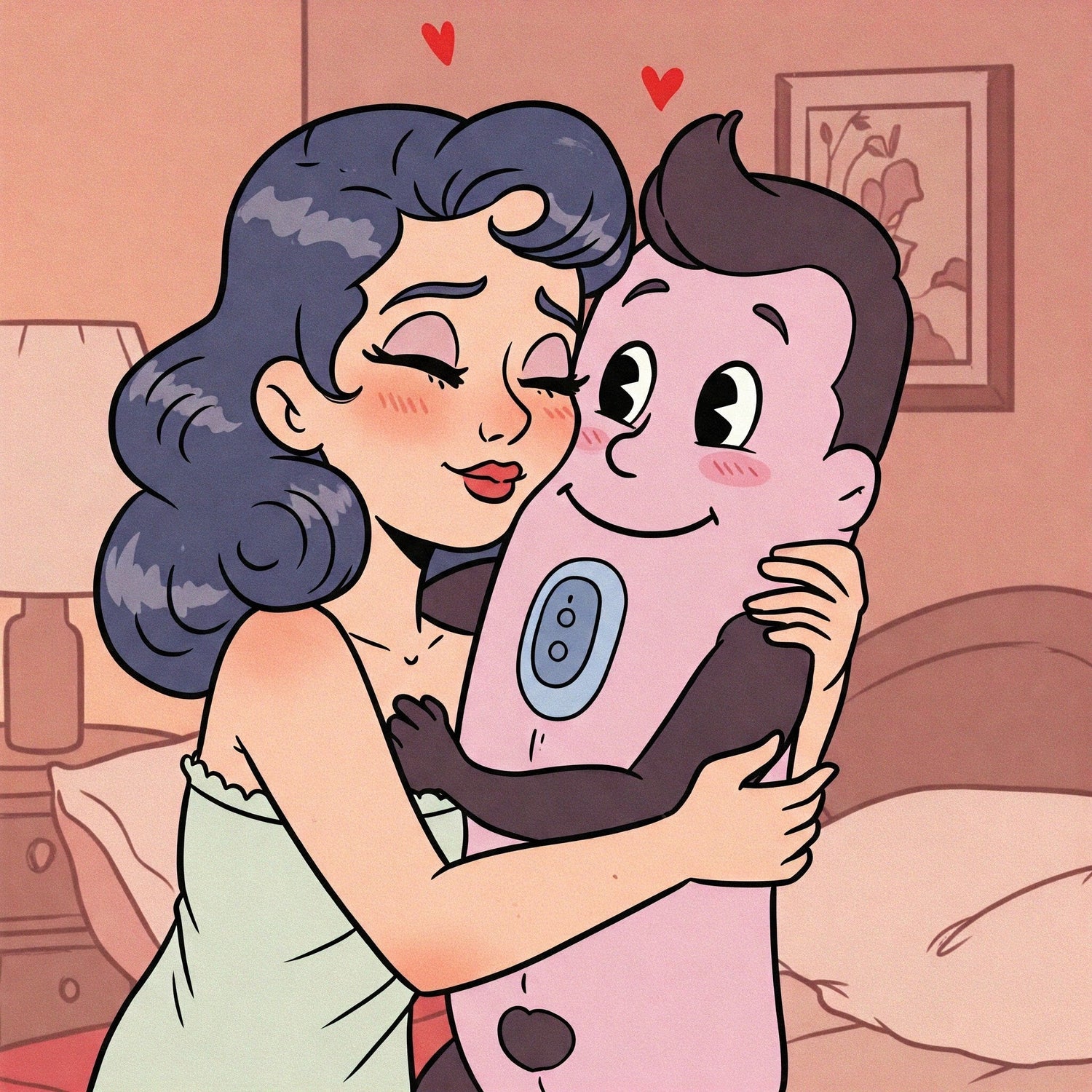 Cartoon image of a woman hugging a giant vibrator in her bedroom