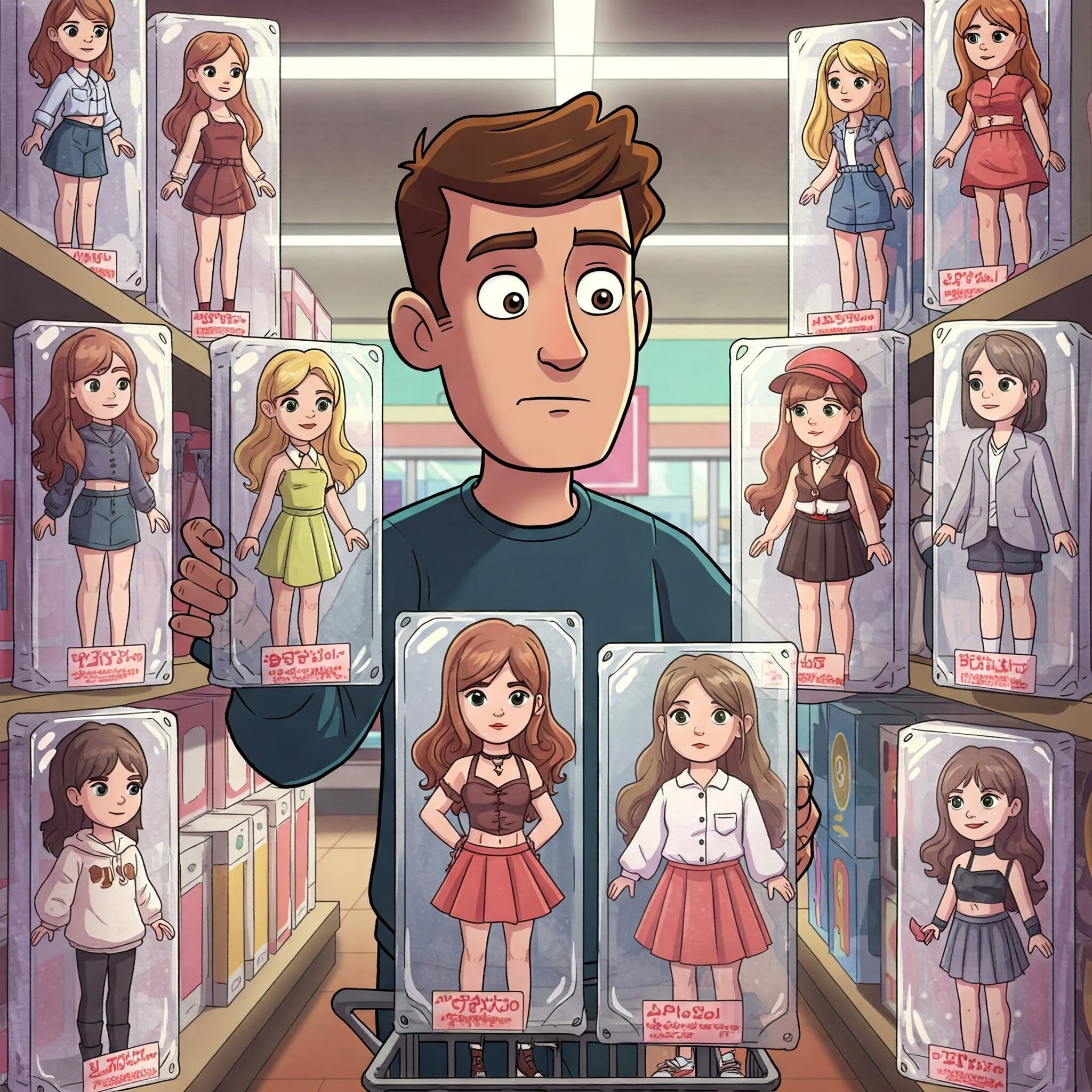 Cartoon image of a man shopping for his perfect sex doll