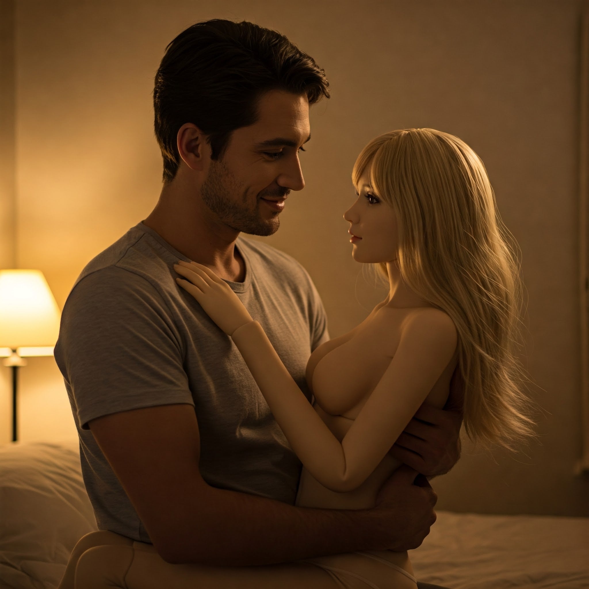A man with a happy demeanor hugging his sex doll