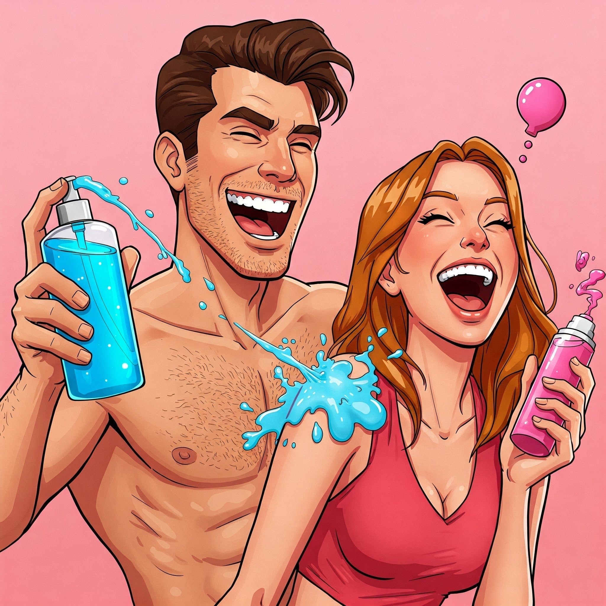 Cartoon image of a man and woman squirting lube all over each other and having a great time