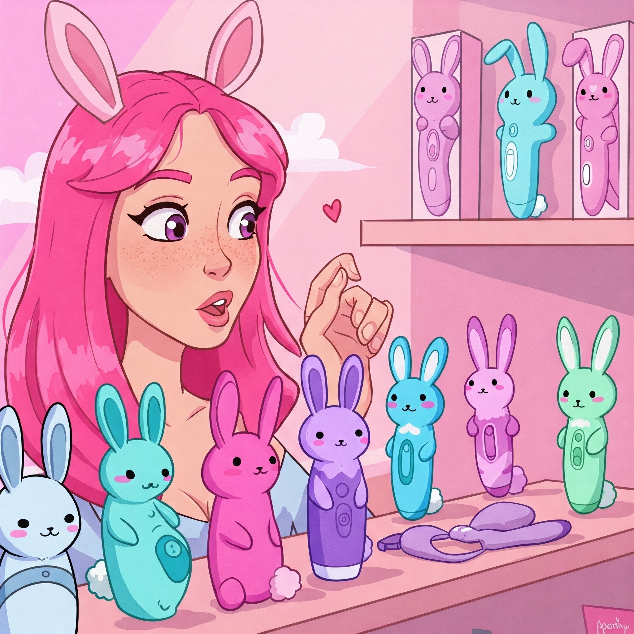 Cartoon image of a woman trying to pick from a variety of different rabbit vibrators