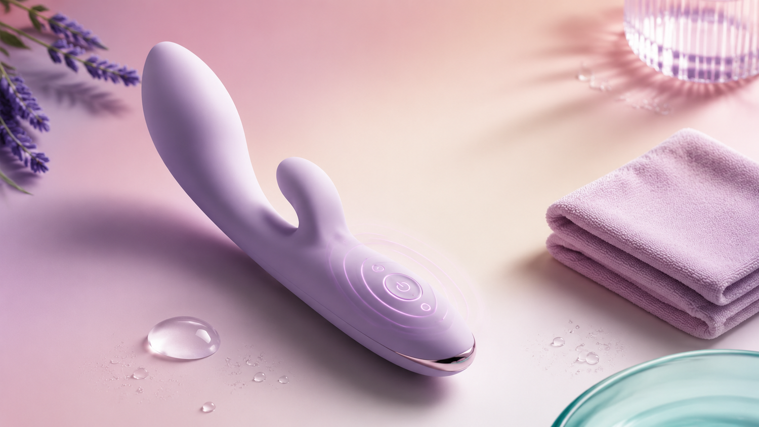 Purple rabbit vibrator with lubricant, water droplets and cleaning cloth